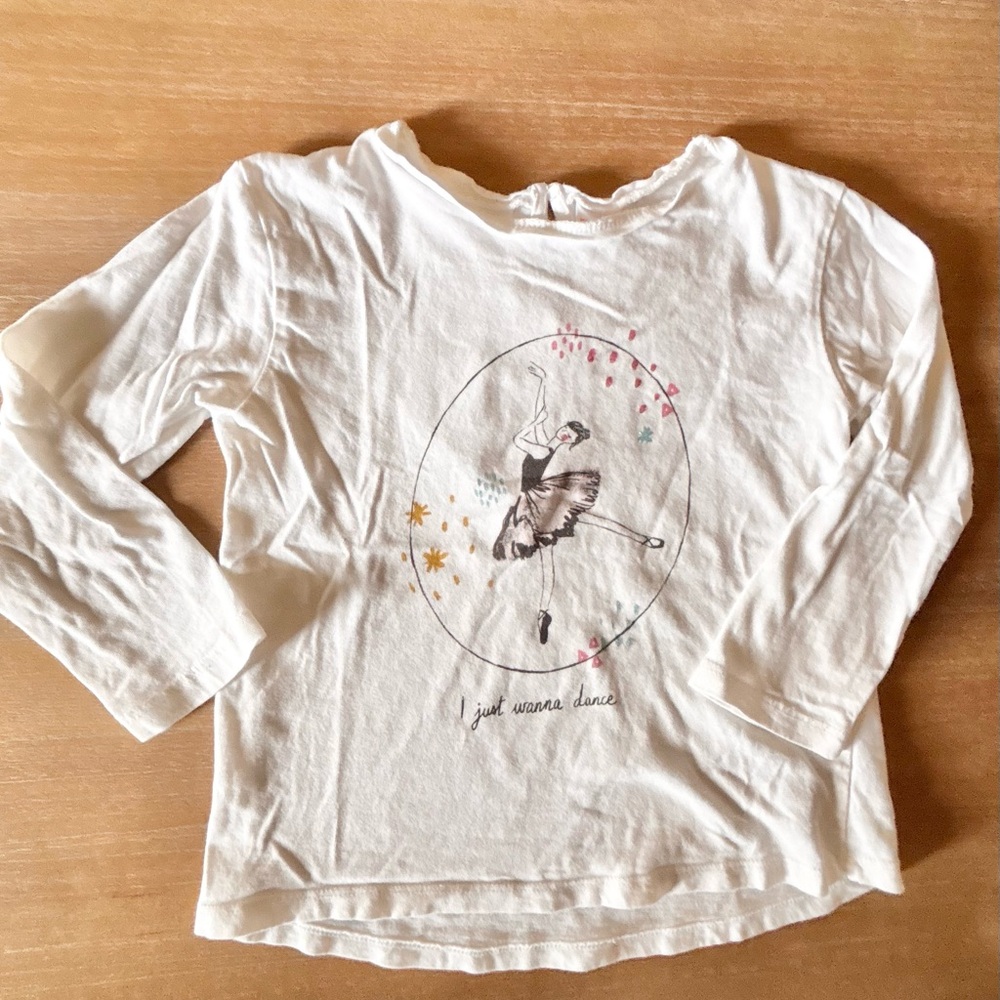 Zara Girls “Dance Theme” Long Sleeve White Tees, Sz 3-4Y Tutu Balletina Dance - Picture 2 of 10